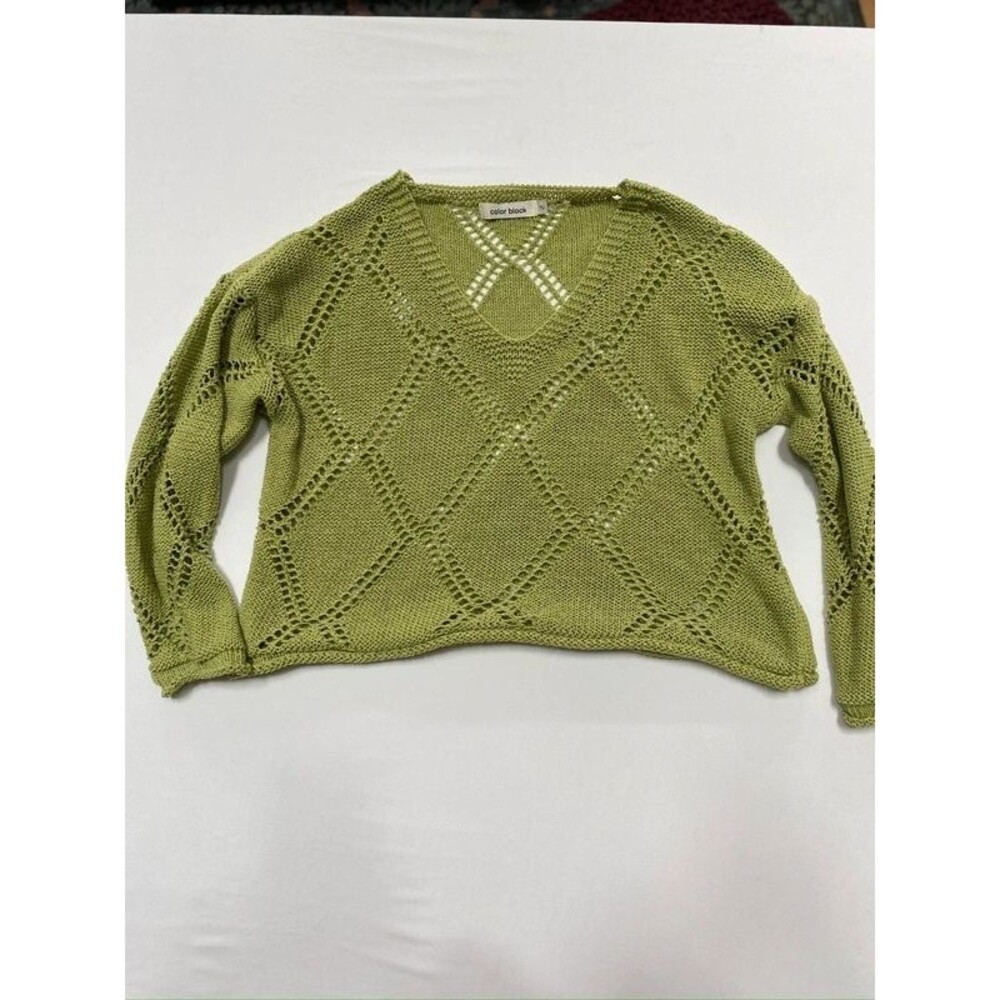 Color Block Green Open Knit V-Neck Sweater Size TU